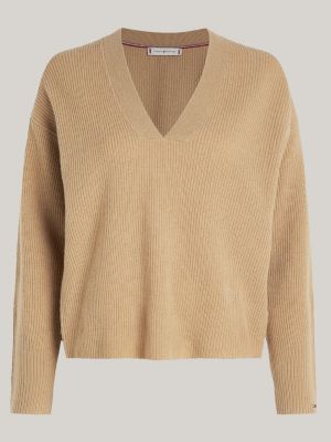 khaki v-neck relaxed jumper with cashmere for women tommy hilfiger