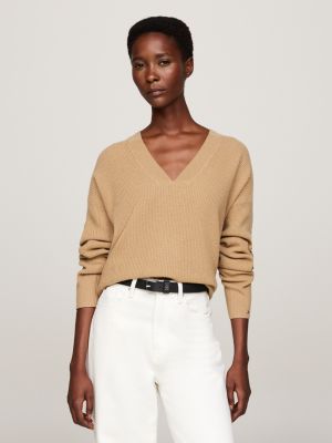 khaki v-neck relaxed jumper with cashmere for women tommy hilfiger