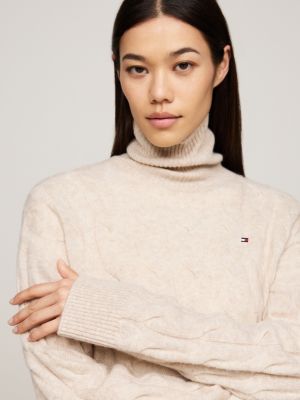 beige relaxed fit rollkragenpullover aus wolle für damen - tommy hilfiger