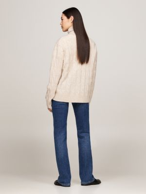 beige relaxed pure wool roll neck jumper for women tommy hilfiger