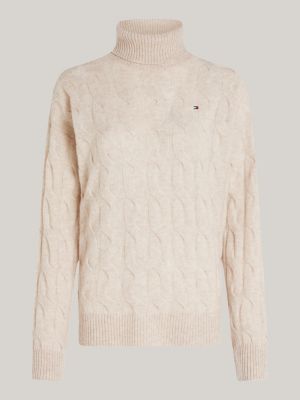 beige relaxed fit rollkragenpullover aus wolle für damen - tommy hilfiger