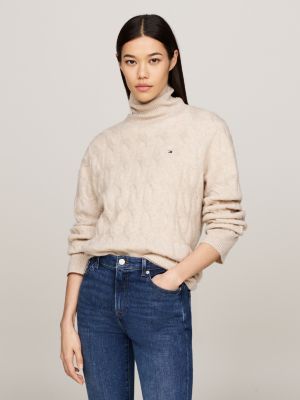 beige relaxed pure wool roll neck jumper for women tommy hilfiger