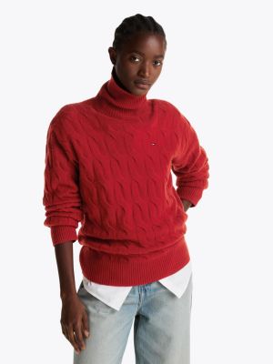 red relaxed pure wool roll neck jumper for women tommy hilfiger