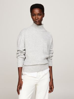 Mock Turtleneck Boxy Cropped Jumper With Wool Grey Tommy Hilfiger