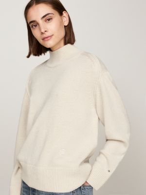 beige pullover aus wollmix mit mock-rollkragen für damen - tommy hilfiger