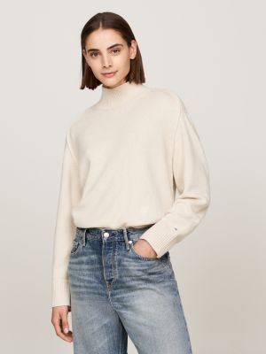 pull en laine mélangée à col cheminée beige pour femmes tommy hilfiger