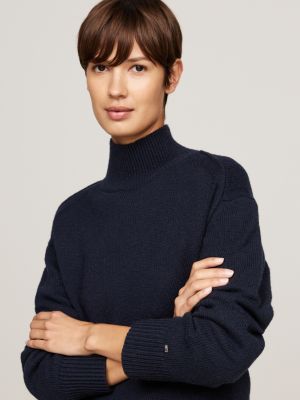 pull en laine mélangée à col cheminée bleu pour femmes tommy hilfiger