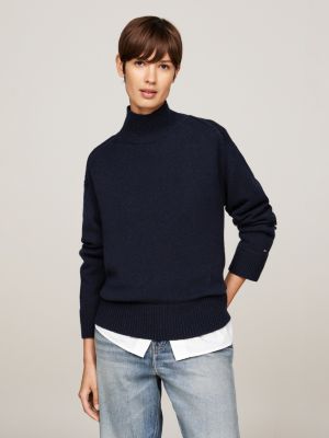 pull en laine mélangée à col cheminée bleu pour femmes tommy hilfiger