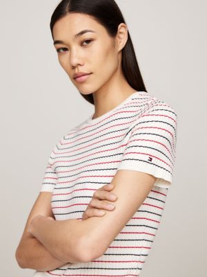 beige stripe slim short sleeve jumper for women tommy hilfiger