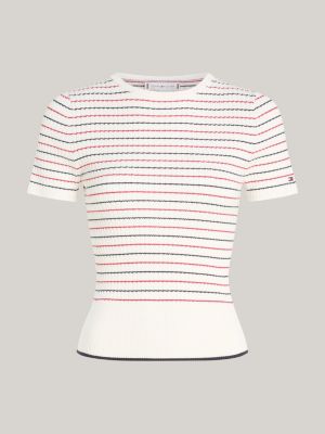 beige stripe slim short sleeve jumper for women tommy hilfiger