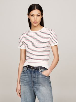 beige stripe slim short sleeve jumper for women tommy hilfiger