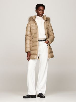 beige down-filled glossy hooded puffer coat for women tommy hilfiger