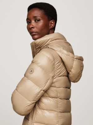 beige down-filled glossy hooded puffer coat for women tommy hilfiger