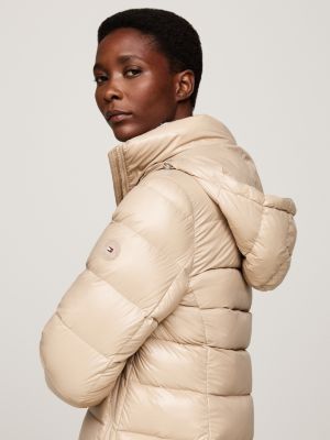 beige down-filled glossy hooded puffer coat for women tommy hilfiger