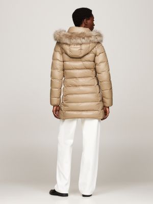 beige down-filled glossy hooded puffer coat for women tommy hilfiger