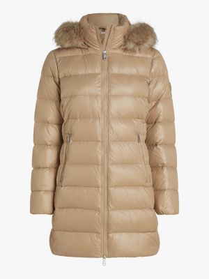 beige glänzender daunengefüllter puffermantel für damen - tommy hilfiger