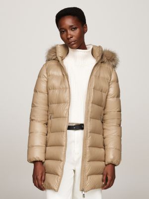 beige glänzender daunengefüllter puffermantel für damen - tommy hilfiger