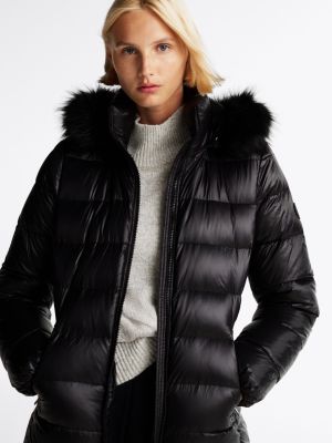 Shiny coat with fur hood online