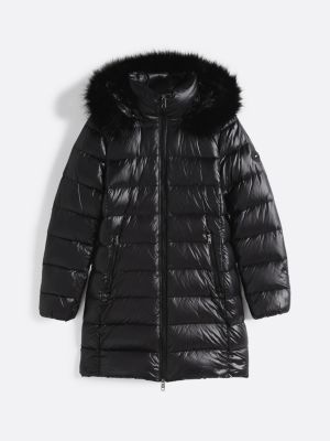 black down-filled glossy hooded puffer coat for women tommy hilfiger