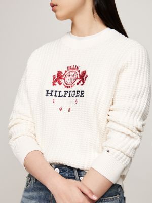 rosa waffelstrick-pullover mit stickerei für damen - tommy hilfiger