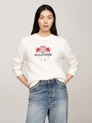 rosa waffelstrick-pullover mit stickerei für damen - tommy hilfiger