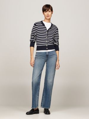 beige stripe slim cardigan for women tommy hilfiger