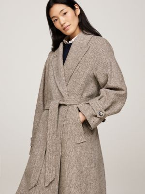 Herringbone Pure Wool Oversized Trench Coat Brown Tommy Hilfiger