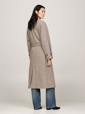 Herringbone Pure Wool Oversized Trench Coat Brown Tommy Hilfiger