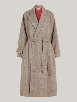 Herringbone Pure Wool Oversized Trench Coat Brown Tommy Hilfiger