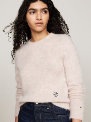 beige pullover aus alpakawollmix mit rundhalsausschnitt für damen - tommy hilfiger