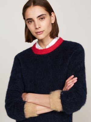 pull en alpaga mélangé à col ras-du-cou bleu pour femmes tommy hilfiger