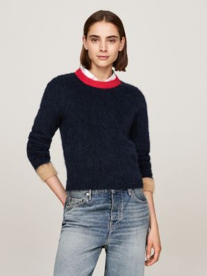 pull en alpaga mélangé à col ras-du-cou bleu pour femmes tommy hilfiger