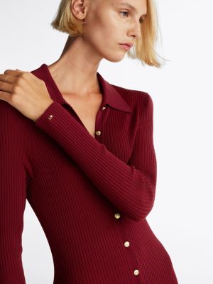 robe pull longue côtelée et moulante rouge pour femmes tommy hilfiger