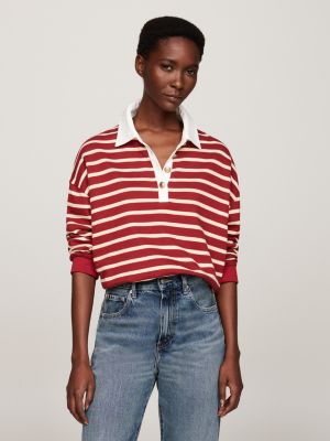 white stripe gold button polo sweatshirt for women tommy hilfiger