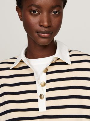 beige stripe gold button polo sweatshirt for women tommy hilfiger