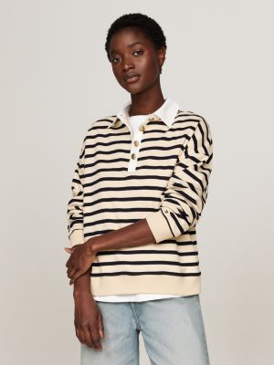 beige stripe gold button polo sweatshirt for women tommy hilfiger