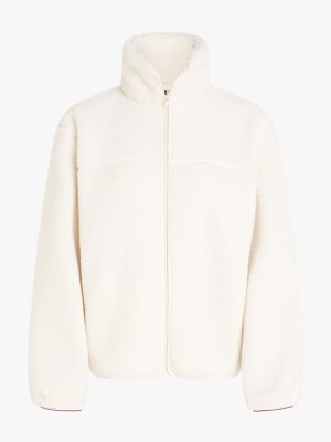 beige teddy fleece relaxed zip-thru jacket for women tommy hilfiger