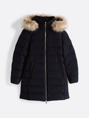 blue down fur-trim hooded coat for women tommy hilfiger