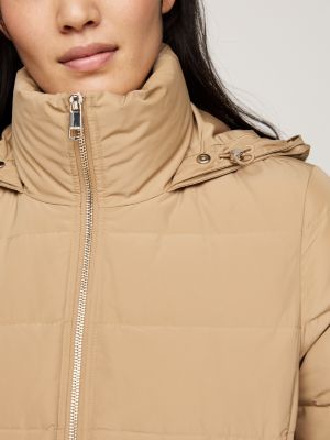 beige daunenmantel mit kapuze und kunstpelz-besatz für damen - tommy hilfiger