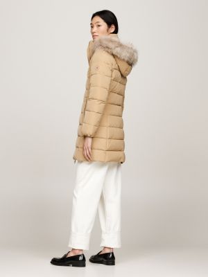 beige down fur-trim hooded coat for women tommy hilfiger