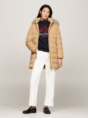 piumino con pelliccia sintetica sul cappuccio beige da donne tommy hilfiger