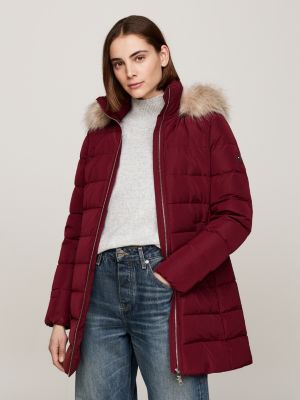 Ladies red coat with fur hood best sale