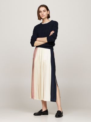 beige global stripe pleated midi skirt for women tommy hilfiger