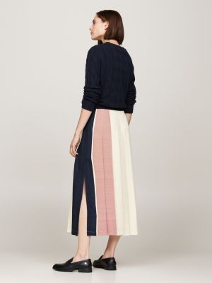 beige global stripe pleated midi skirt for women tommy hilfiger