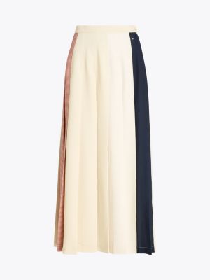 beige global stripe pleated midi skirt for women tommy hilfiger