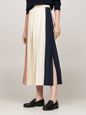 beige global stripe pleated midi skirt for women tommy hilfiger