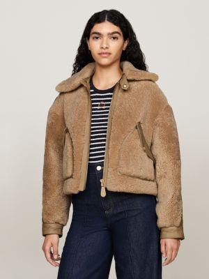 beige crest shearling relaxed coach jacket for women tommy hilfiger