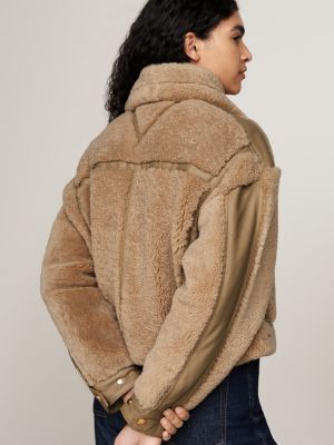 beige crest shearling relaxed coach jacket for women tommy hilfiger