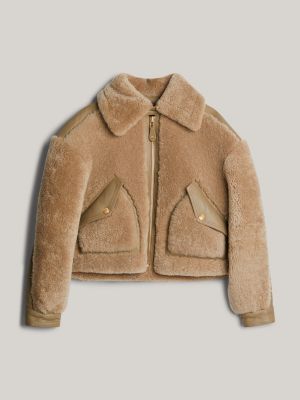 beige crest shearling relaxed coach jacket for women tommy hilfiger