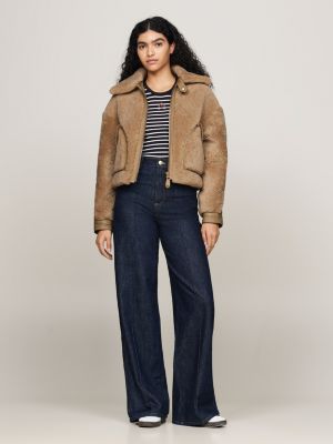 beige crest shearling relaxed coach jacket for women tommy hilfiger